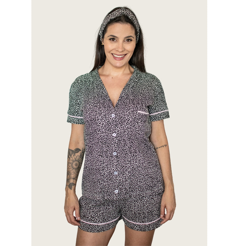 Pijama Americano Manga Curta Algodão – Onça Preto