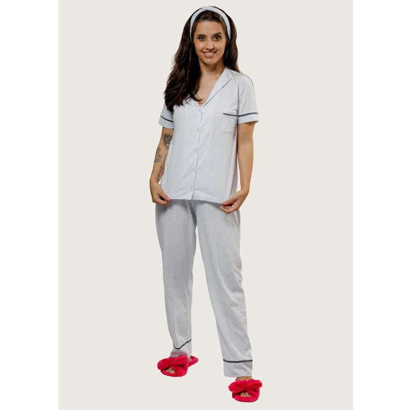 Pijama Americano Manga Curta com Calca Algodão – Branco Poá Chumbo