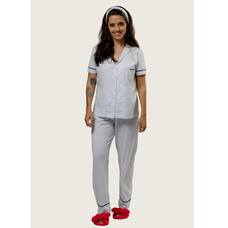 Pijama Americano Manga Curta com Calca Algodão – Branco Poá Chumbo