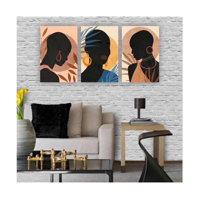 Conjunto de Quadros Decorativos Mulheres Petras Silhueta Artística - 3 Peças - 60x40 cm - BePix