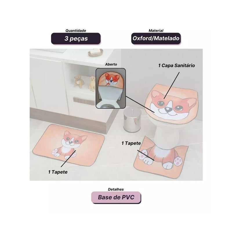 Jogo De Banheiro Tapete Capa Para Sanitário Conjunto 3 Peças - BePix