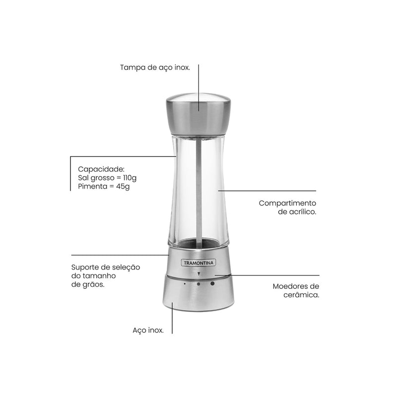 Moedor de Sal ou Pimenta Tramontina em Aço Inox e Acrílico com Moinho em Cerâmica - BePix