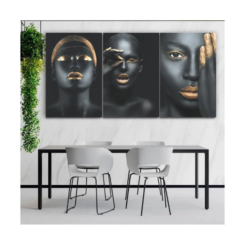 Quadros Decorativos Mosaico Mulheres Negras Maquiagem Dourada 80x60 - BePix