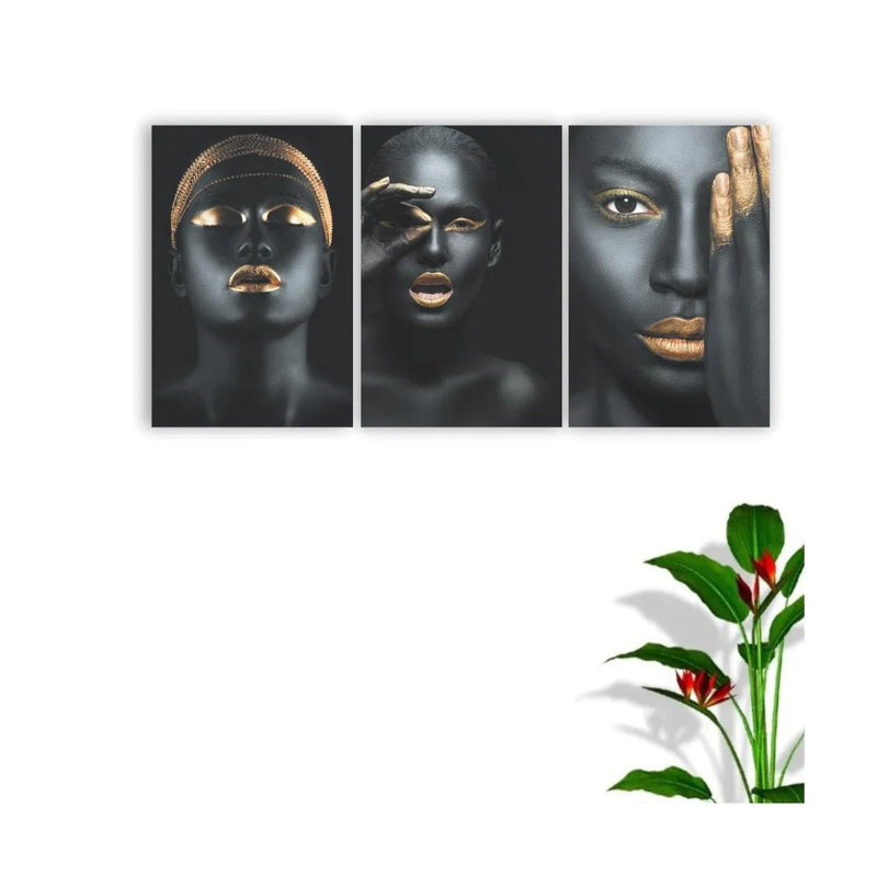 Quadros Decorativos Mosaico Mulheres Negras Maquiagem Dourada 80x60 - BePix