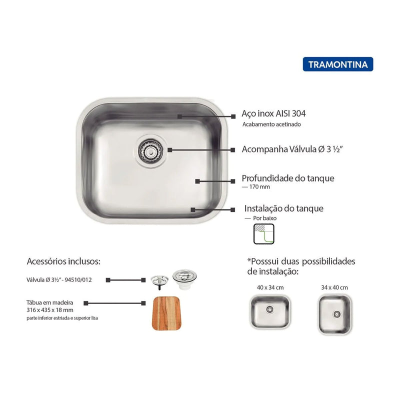 Tanque de Embutir Tramontina Compact 20 L em Aço Inox Acetinado 40x34 cm - BePix