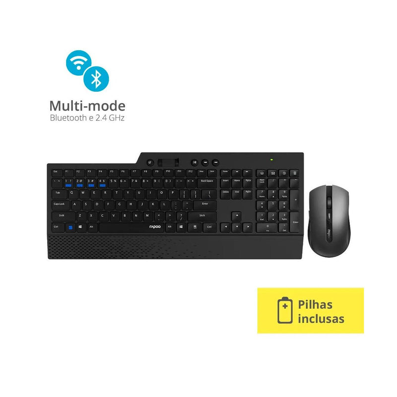 Teclado E Mouse Rapoo Bluetooth + 2.4 Ghz Black Garantia 5Anos Com Pilha 8200T - RA005 - BePix